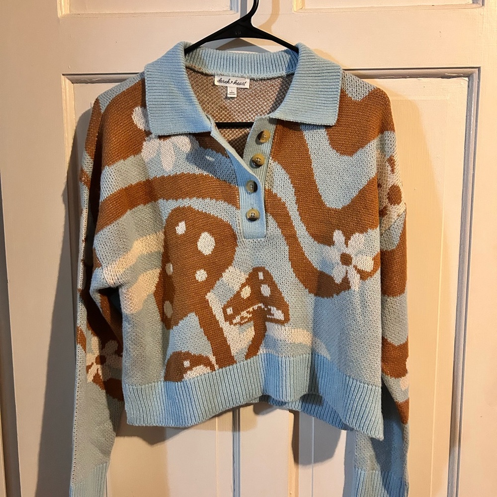 Blue and Brown Cropped Sweater with Mushroom Floral Swirl Pattern